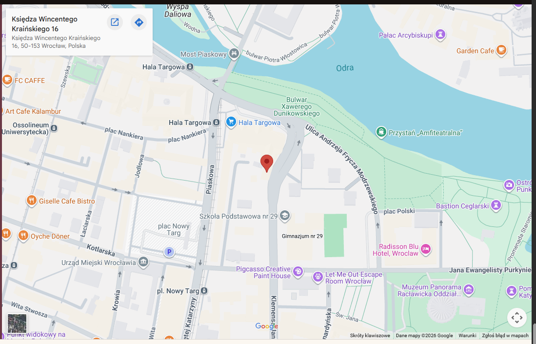 Mapa lokalizacji LN Wnętrza, Księdza Wincentego Kraińskiego 16, Wrocław